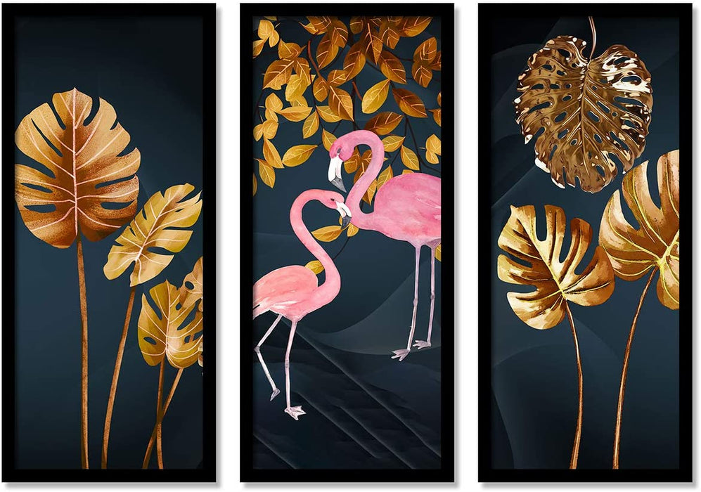 Art Street Beautiful Flamingo Framed Painting / Posters for Room Decoration , Set of 3 Black Frame Art Prints / Posters for Living Room