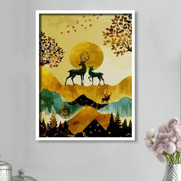 Deer Bird Theme Multicolored Framed Canvas Art Print, For Home & Office Decor