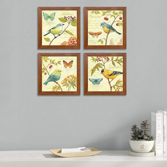 Jardin Bird Framed Art Print Set of 4 Brown Size- 9" x 9" Inch