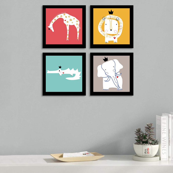 Cute Animal Cartoon Theme Framed Printed Set of 4 Wall Art Print -8 X 8 Inchs