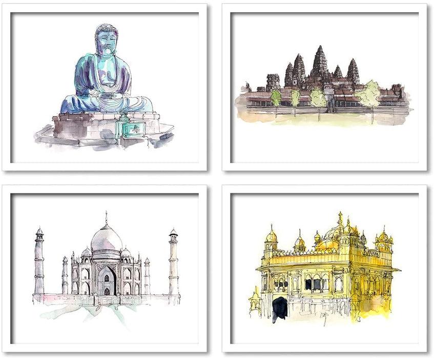India Travel Framed Painting / Posters for Room Decoration , Set of 4 White Frame Art Prints / Posters for Living Room