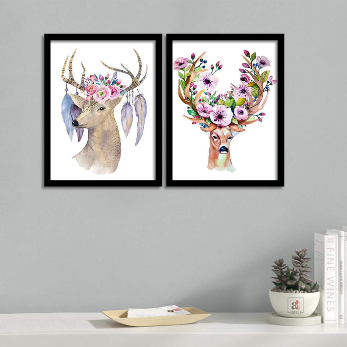 Set Of 2 Beautiful Deer Theme Framed Art Print Size - 13.5" x 17.5" Inch