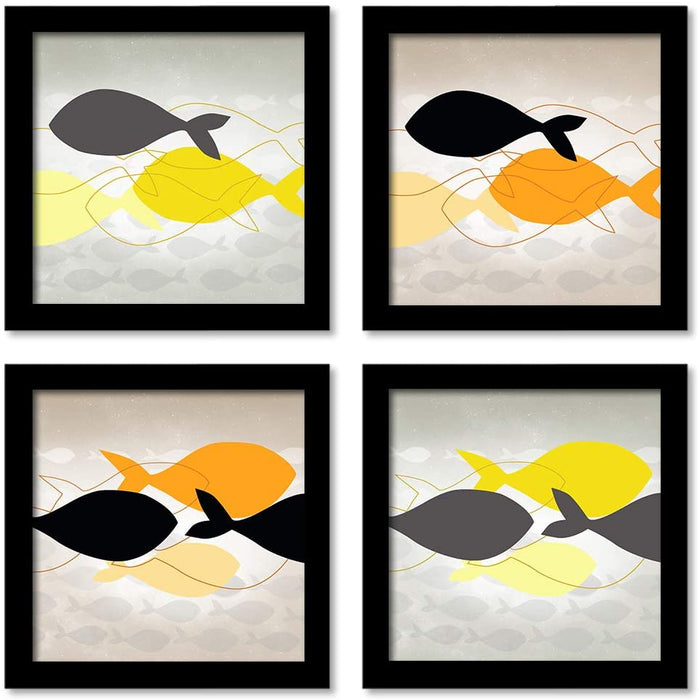 Abstract Fish Multicolor Framed Painting / Posters for Room Decoration , Set of 4 Black Frame Art Prints (9"*9")for Living Room