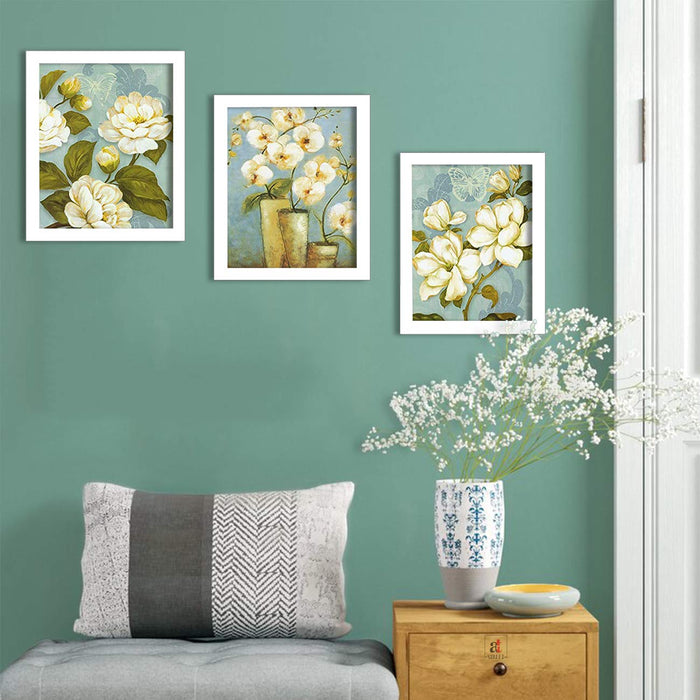 White Flower Set Of 3 White Framed Art Prints Size - 8 x 10 Inch