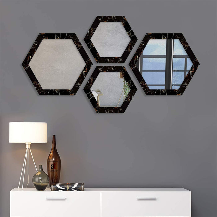 Marble Hexagon Wall Mirror Marble Finish Set of 4 Hexagon Shape for Home Decoration & Wall Decoration- Size-16.5x14.5, & 12.7x11 Inches