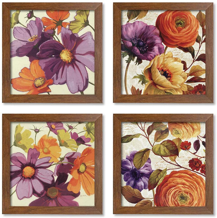 Multi Color Flowers Framed Painting / Posters for Room Decoration , Set of 4 Brown Frame Art Prints / Posters for Living Room