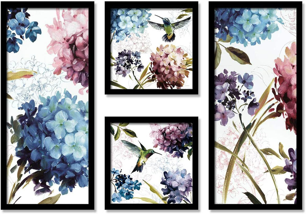 Floral & Bird Framed Painting / Posters for Room Decoration , Set of 4 Black Frame Art Prints / Posters for Living Room