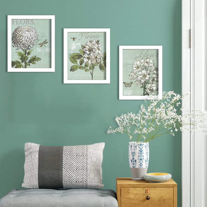 Aqua Flora Set Of 3 White Framed Art Prints Size - 8 x 10 Inch