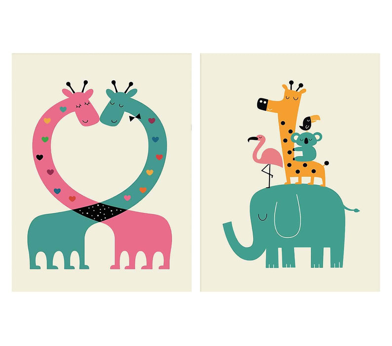 Cartoon Animal Theme 2 Poster Set For Kids Room Size - 12 x 16 Inch