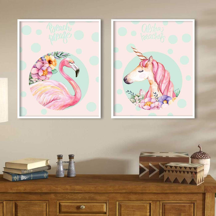 Flamingo & Unicorn Theme Set Of 2 Framed Canvas Art Print.