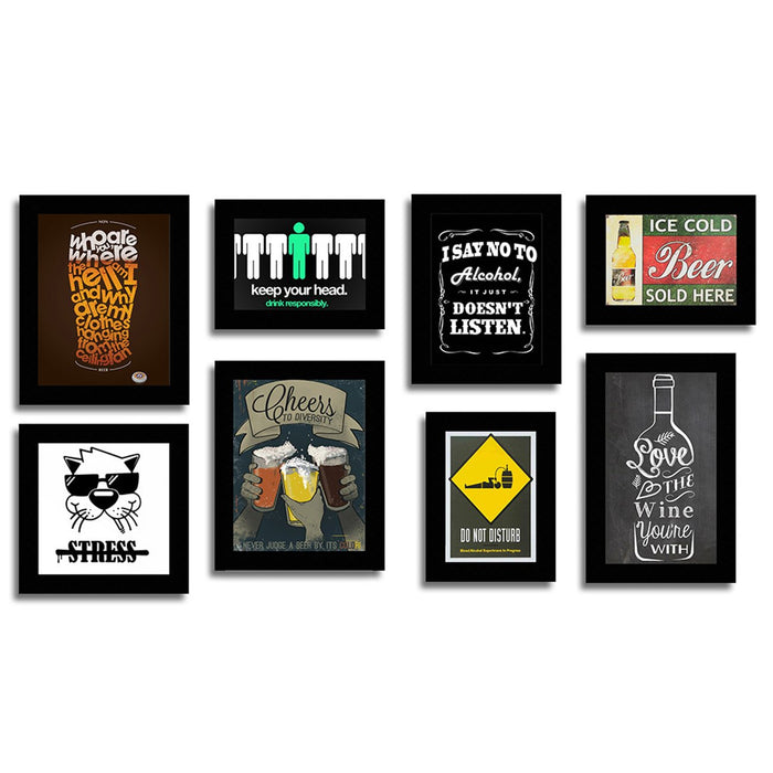 Set Of 8 Quirky Quote Black Framed Wall Posters - Bar Theme Wall Quotes