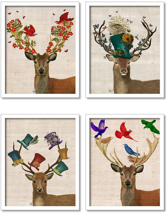 Decorated Deer Framed Painting / Posters for Room Decoration , Set of 4 White Frame Art Prints / Posters for Living Room