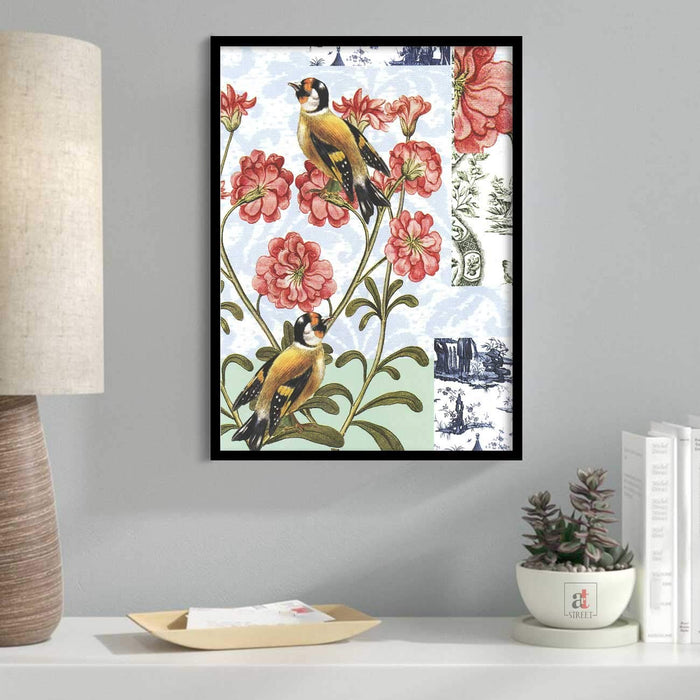 Bird Floral Theme Framed Canvas Art Print, Painting Multicolored.