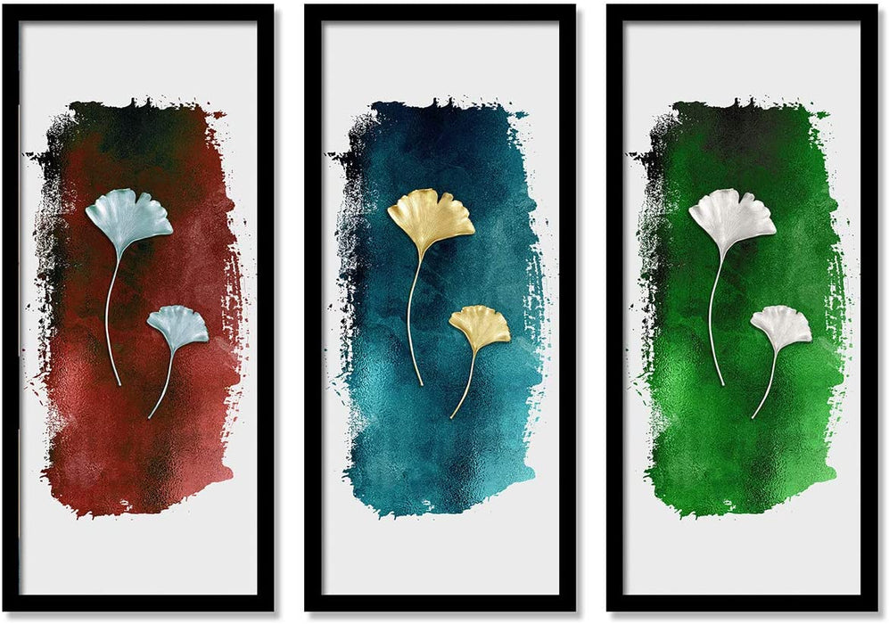 Tri Color Floral Artistic Framed Painting / Posters for Room Decoration , Set of 3 Black Frame Art Prints / Posters for Living Room