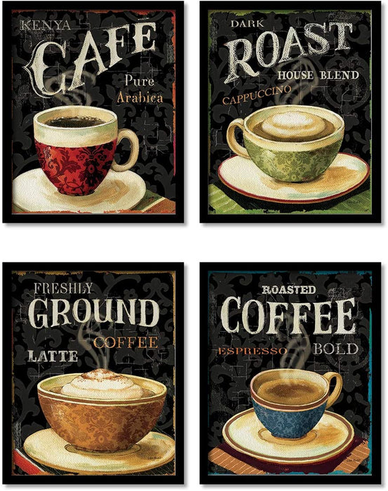 Art Street Coffee Launge Framed Posters for Kitchen / Living Room ,Coffee Theme art prints for home decoration set of 4 (9x 11 Inches)