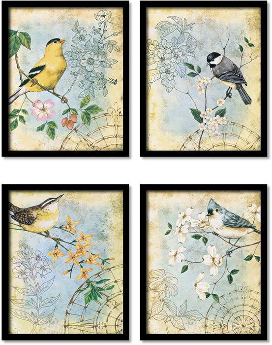 Floral & Birds Multicolor Framed Painting ( Size 9x11 Inches)Posters for Room Decoration , Set of 4 black Frame Art Prints / Posters for Living Room