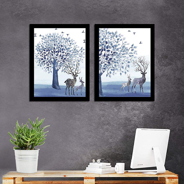 Beautiful Deer Theme Printed Set Of 2 Framed Art Print Size - 13.5" x 17.5" Inch