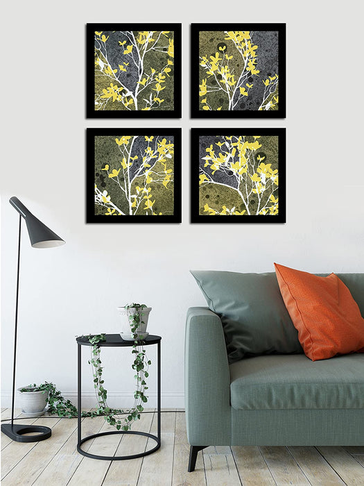 Yellow Bloom Set Of 4 Black Framed Art Prints Size - 9 x 9 Inch