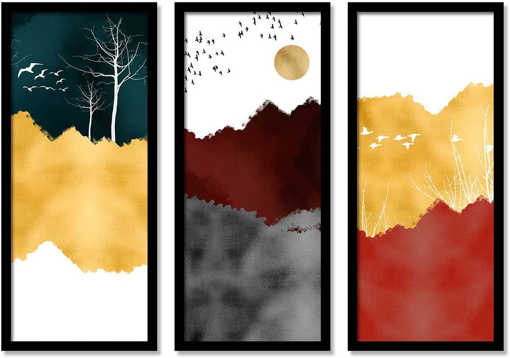 Abstract Nature Framed Painting, Set of 3 Black Frame Art Prints / Posters for Living Room( BOHO collection) ( Size 22x47 CM )