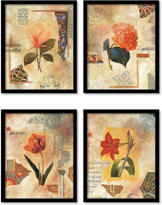 Colorful Flowers Framed Painting / Posters for Room Decoration , Set of 4 Black Frame Art Prints / Posters for Living Room