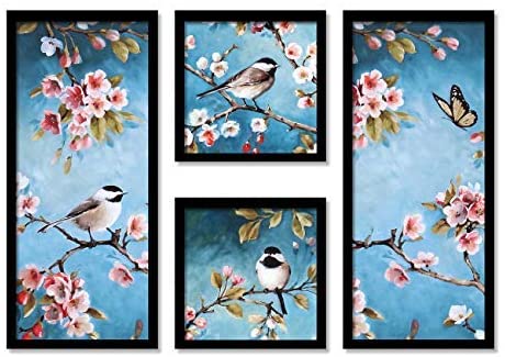 Birds & Flowers Framed Painting / Posters for Room Decoration , Set of 4 Black Frame Art Prints / Posters for Living Room