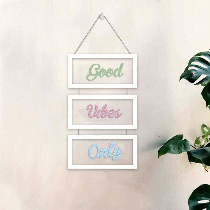 Set of 3 White Framed MDF Wall Plaques for Wall Decoration Good Vibes Only Plaque for Home Décor (Color - Green, Pink and Blue, Size - 20 x 9 Inchs)