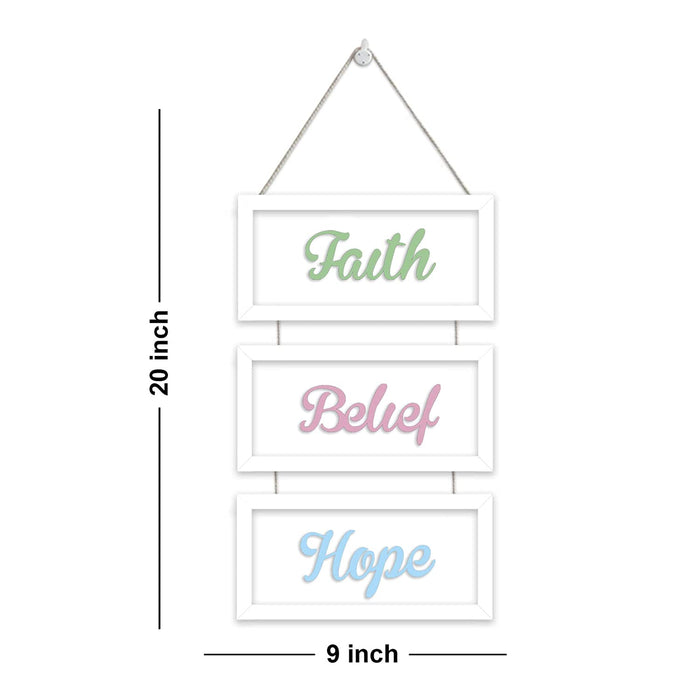 Set of 3 White Framed MDF Wall Plaques for Wall Decoration Faith Belief Hope Plaque for Décor (Color - Green, Pink and Blue, Size - 20 x 9 Inchs)