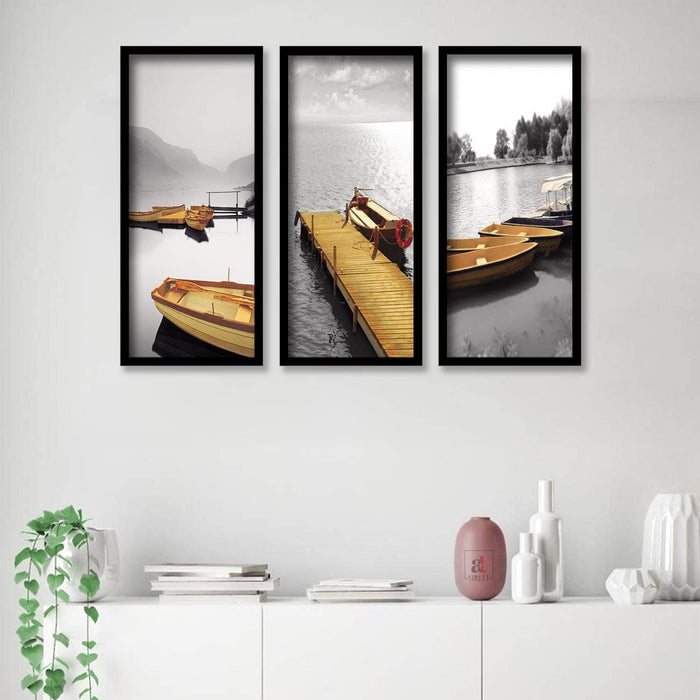 Landscape Nature Framed Painting / Posters for Room Decoration , Set of 3 Black Frame Art Prints / Posters for Living Room