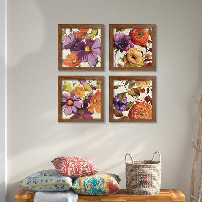 Multi Color Flowers Framed Painting / Posters for Room Decoration , Set of 4 Brown Frame Art Prints / Posters for Living Room
