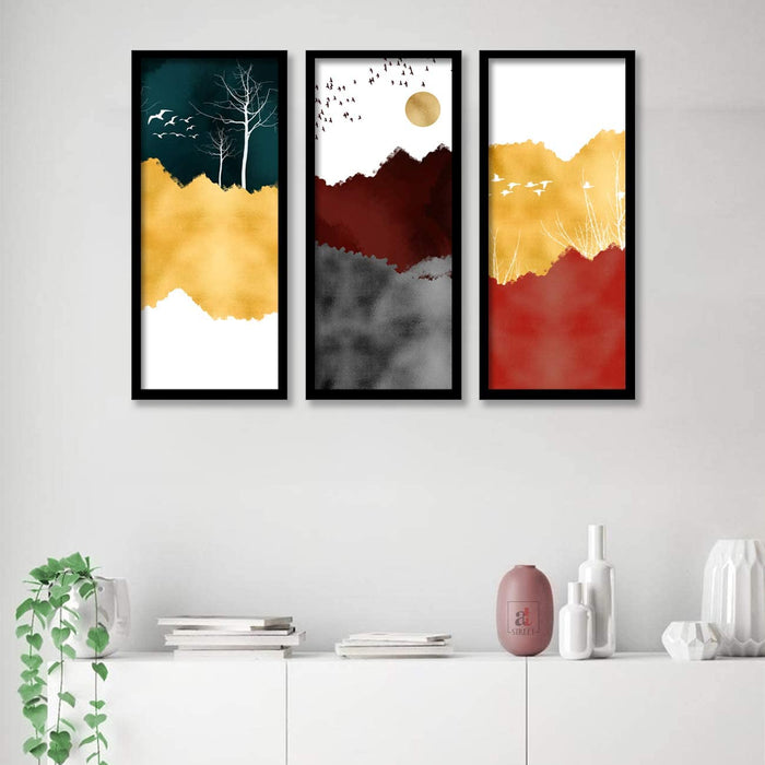 Abstract Nature Framed Painting, Set of 3 Black Frame Art Prints / Posters for Living Room( BOHO collection) ( Size 22x47 CM )