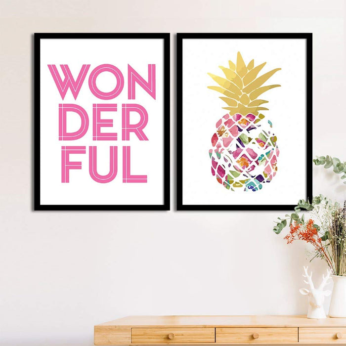 Art Street Set Of 2 Pink Wonderful Pineapple Matte Art Print, Framed Art Print For Home Decor
