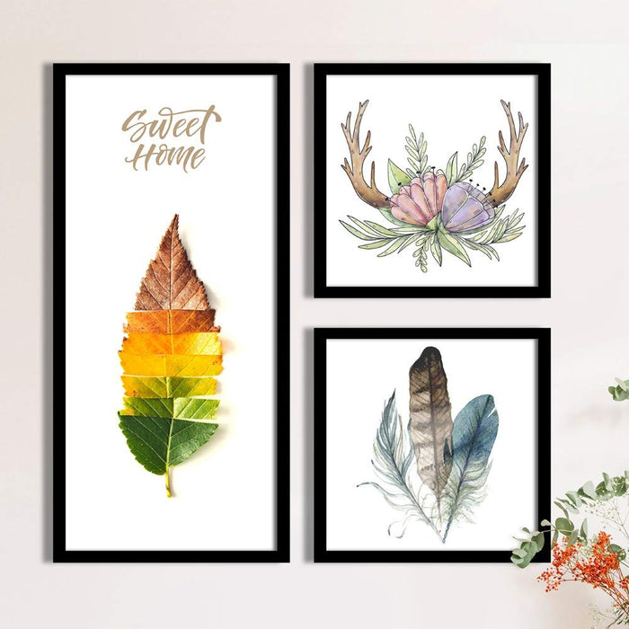 Art Street Sweet Home Floral Theme In White Background Framed Printed Set Of 3 Wall Art Print