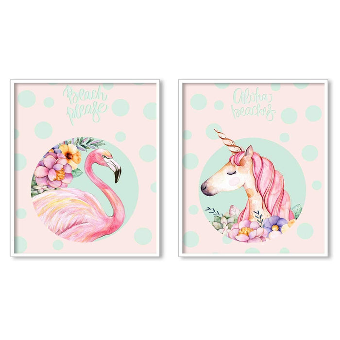 Flamingo & Unicorn Theme Set Of 2 Framed Canvas Art Print.