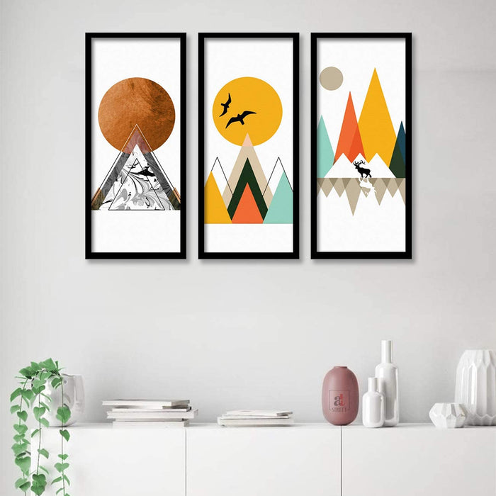 Three Multi Abstract Framed Painting / Posters for Room Decoration , Set of 3 Black Frame Art Prints / Posters for Living Room