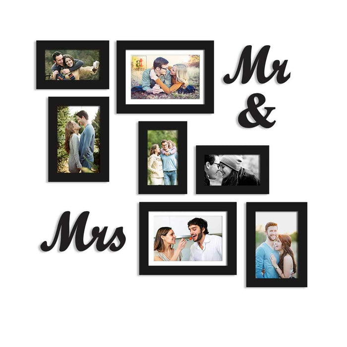 Set Of 7 Black Wall Photo Frame, With Mr & Mrs MDF Plaque For Home Decor ( Size 4x6, 5x7, 6x8 inches )