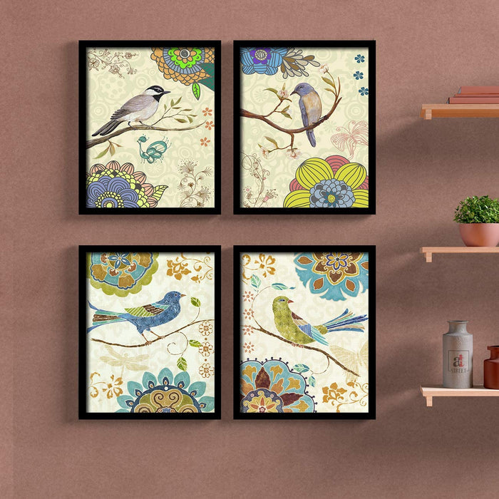 Beautiful Birds & Floral Art Framed Painting / Posters for Room Decoration , Set of 4 Black Frame Art Prints / Posters for Living Room