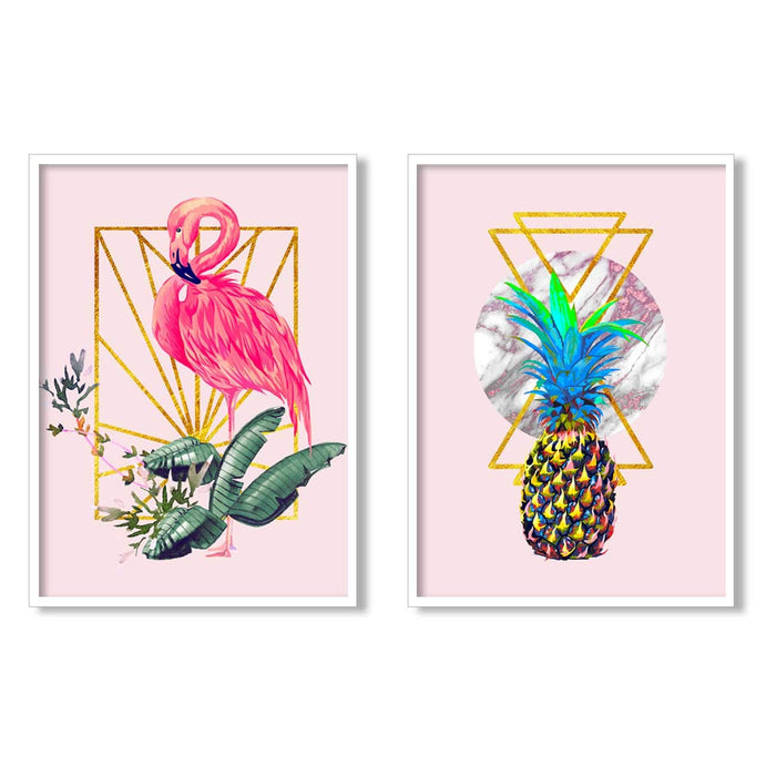 Flamingo & Pineapple Theme Set Of 2 Framed Canvas Art Print, Painting.