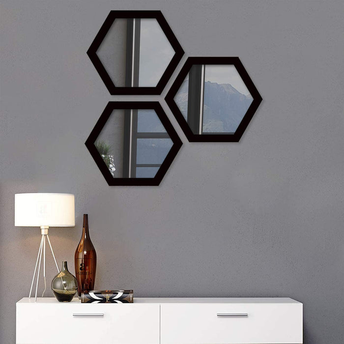 Decorative Wall Mirror White Set of 3 Hexagon Shape for Home Decoration & Wall Decoration, Size-12.7x11 Inches