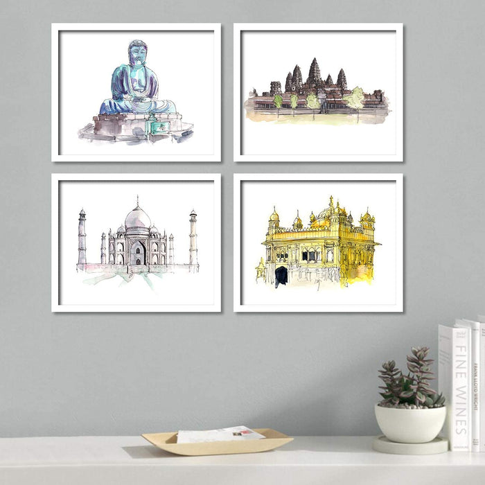 India Travel Framed Painting / Posters for Room Decoration , Set of 4 White Frame Art Prints / Posters for Living Room