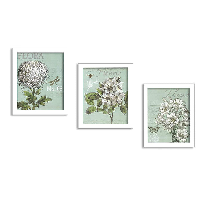 Aqua Flora Set Of 3 White Framed Art Prints Size - 8 x 10 Inch