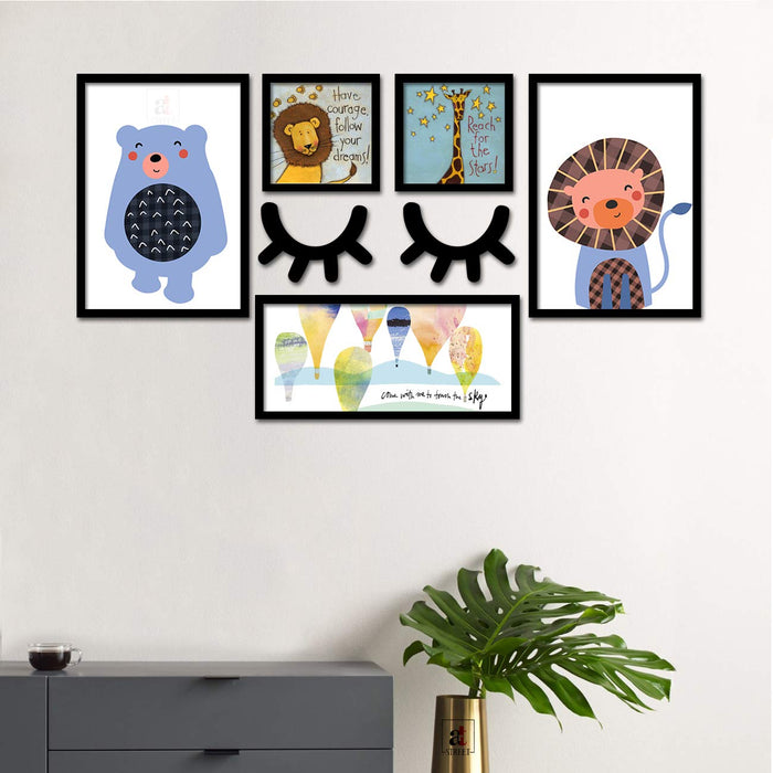 Set Of 5 Framed Poster Art Print -Tiger And Bear - Kids Room Art Print - With MDF Sleeping Eyes -Multicolored