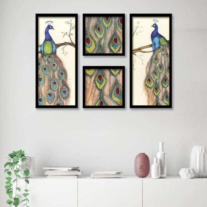 Art Street Beautiful Peacock Framed Painting / Posters for Room Decoration , Set of 4 Black Frame Art Prints / Posters for Living Room