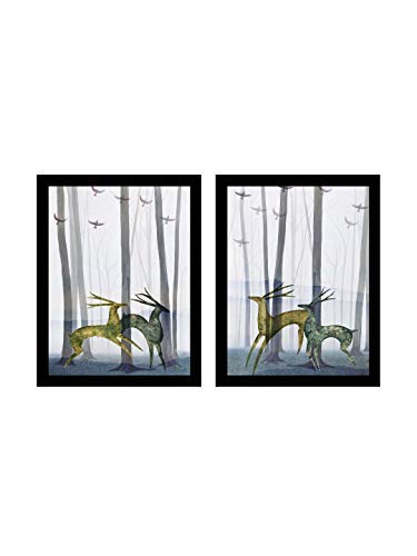 Running Deer Theme Set Of 2 Framed Art Print Size - 13.5" x 17.5" Inch