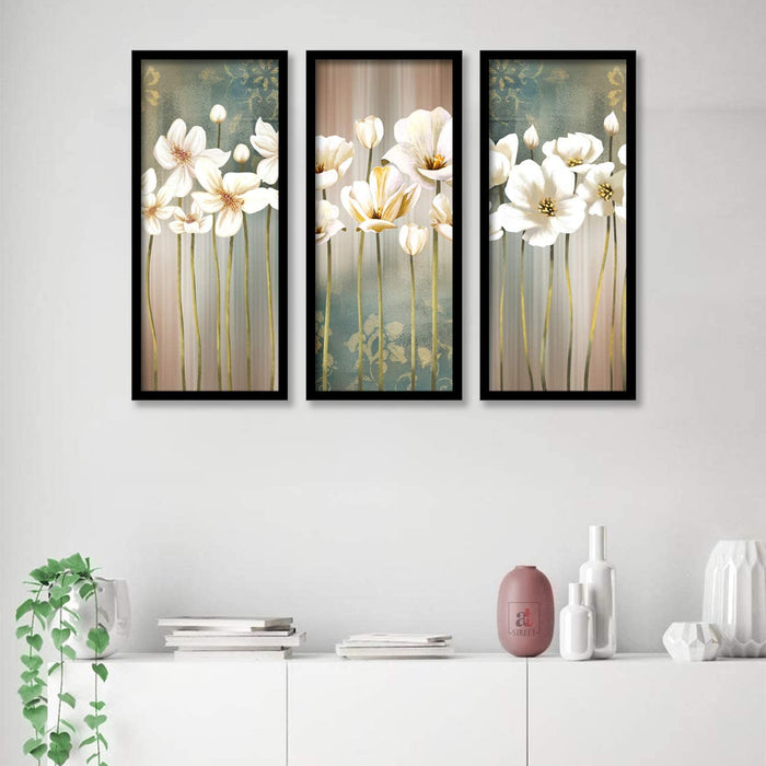Floral Art Framed Painting / Posters for Room Decoration , Set of 3 Black Frame Art Prints / Posters for Living Room