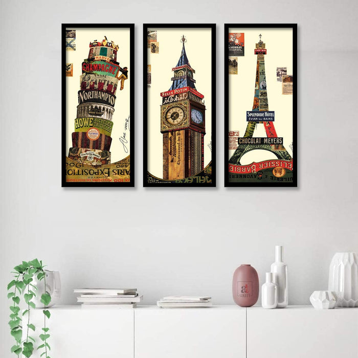 Pisa Tower, Big Ben Tower and Eiffel Tower Posters for Room Decoration , Set of 3 Black Frame Art Prints / Posters for Living Room