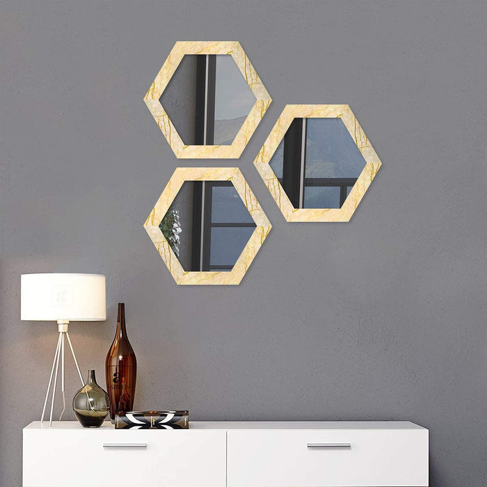 Decorative Wall Mirror Set of 3 Hexagon Shape for Home Decoration & Wall Decoration, Size-12.7x11 Inches