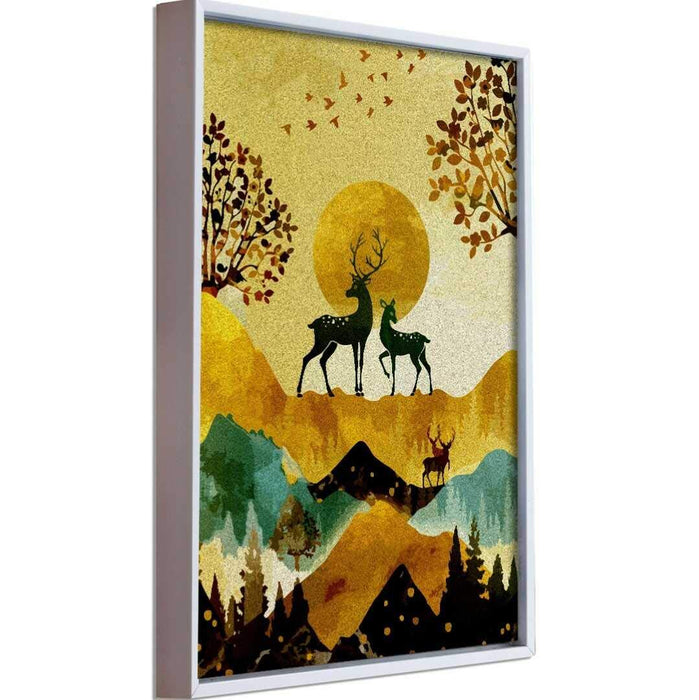 Deer Bird Theme Multicolored Framed Canvas Art Print, For Home & Office Decor