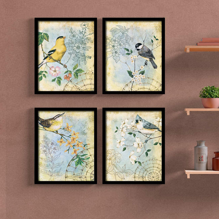 Floral & Birds Multicolor Framed Painting ( Size 9x11 Inches)Posters for Room Decoration , Set of 4 black Frame Art Prints / Posters for Living Room