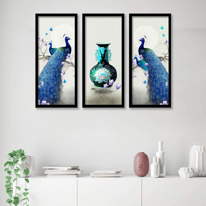 Art Street Peacock Theme Framed Painting, 3 Framed Art Prints for Living Room in Grey Background