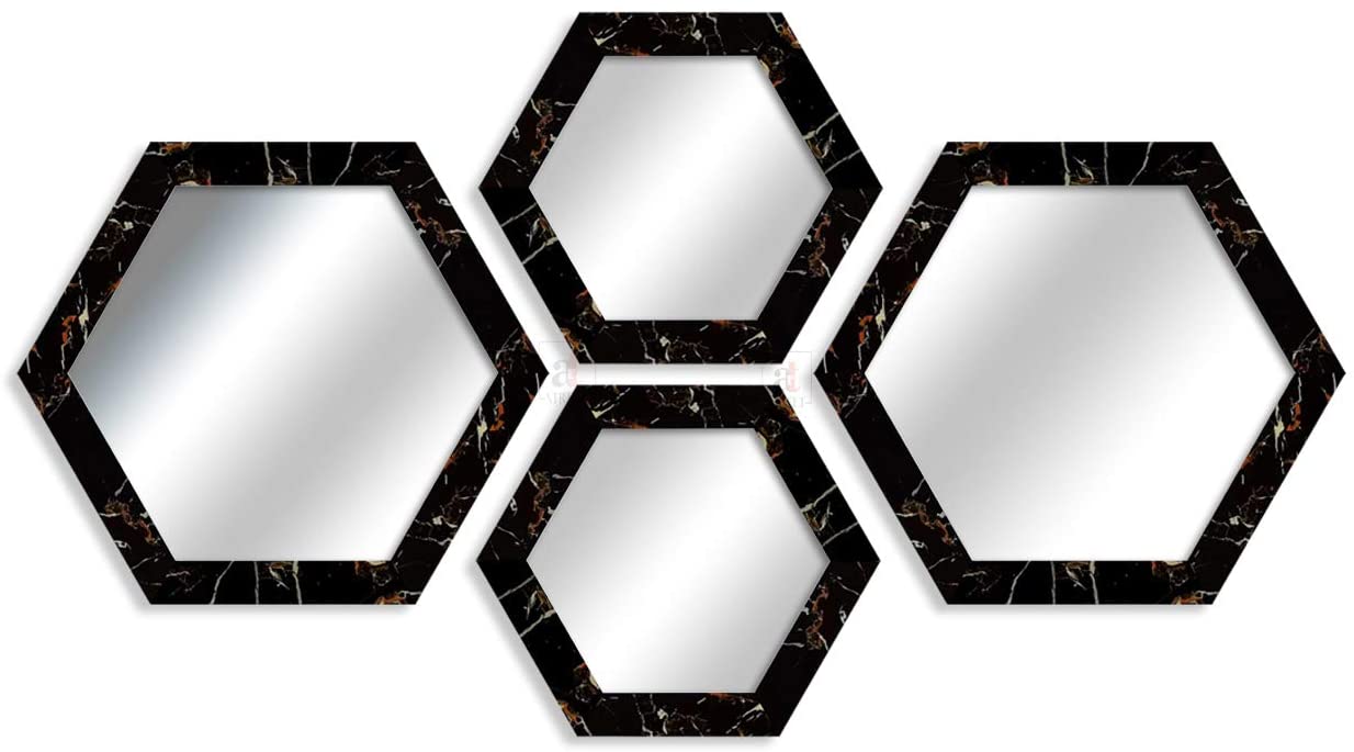 Marble Hexagon Wall Mirror Marble Finish Set of 4 Hexagon Shape for Home Decoration & Wall Decoration- Size-16.5x14.5, & 12.7x11 Inches